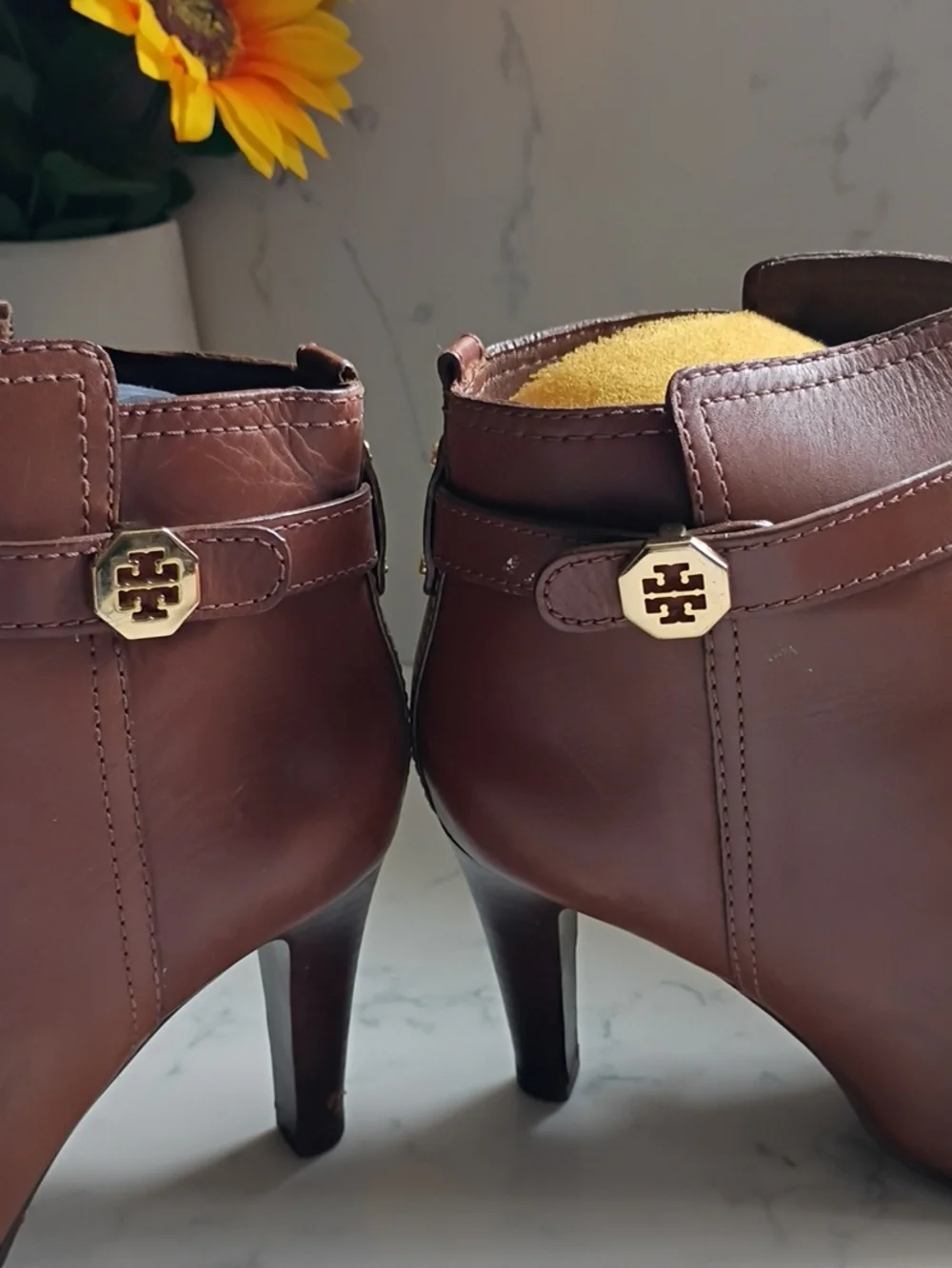 Tory Burch Chestnut Brown Leather Ankle Booties with Logo Accent